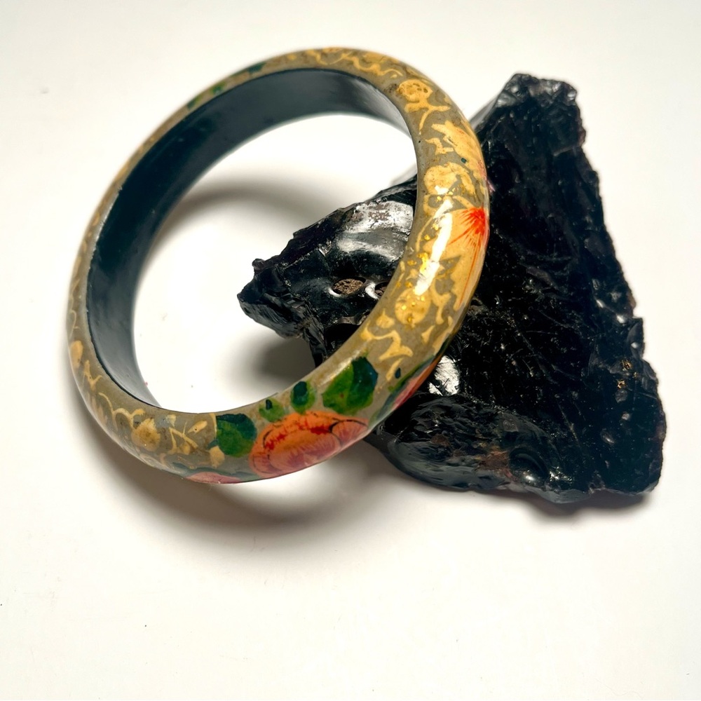 Floral Gold and Green Vintage Hand Painted Wood and Laquer Bangle Bracelet